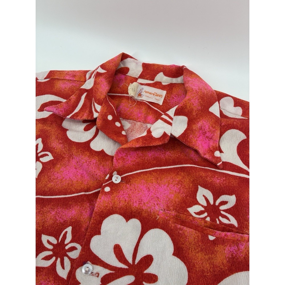 VNTG 60s Pomaré Tahiti Hawaiian Men's Shirt‎ Pink Floral Aloha Button Barkcloth